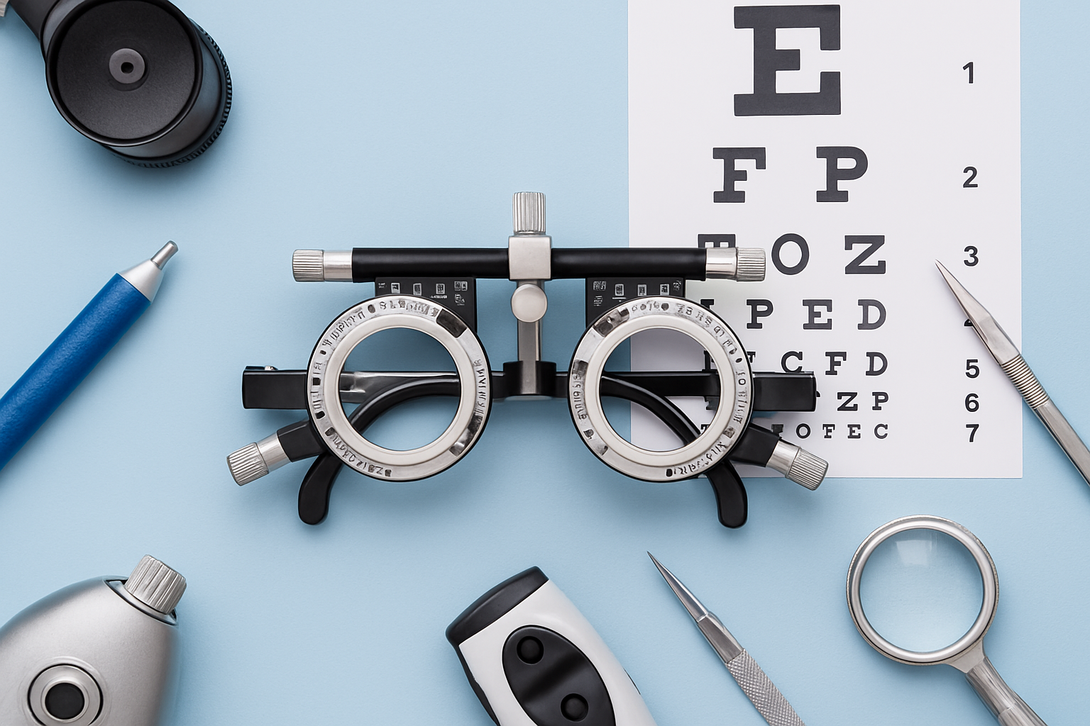 Ophthalmic exam tools — trial frame, Snellen chart, and slit-lamp instruments